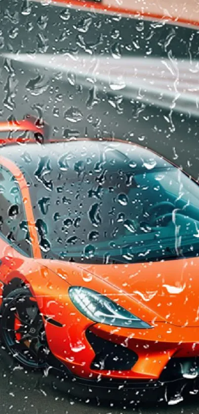 Orange sports car racing in rain, seen through droplets.