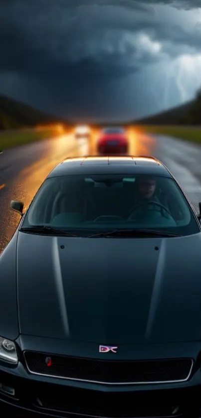 Sleek sports car driving on stormy road with dramatic clouds.