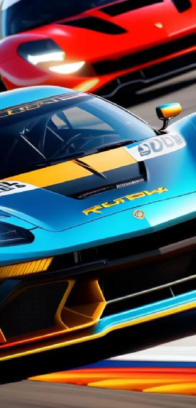 High-speed sports car race on track with vibrant colors.