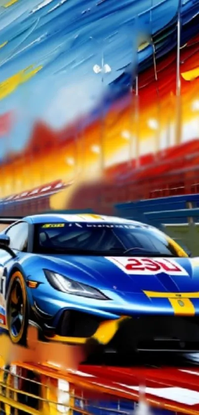 Blue sports car racing against vibrant streaked backdrop.