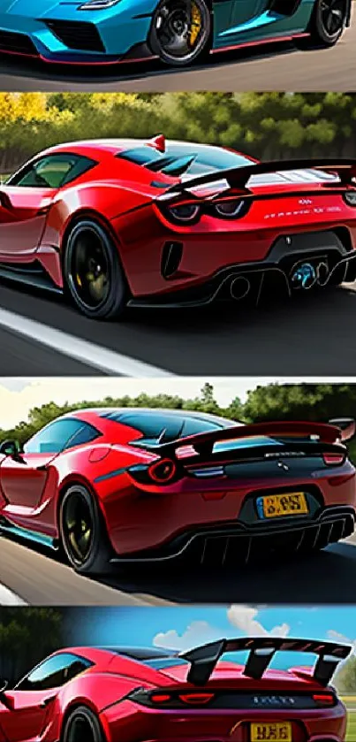 Vibrant sports cars racing on a track in dynamic mobile wallpaper.