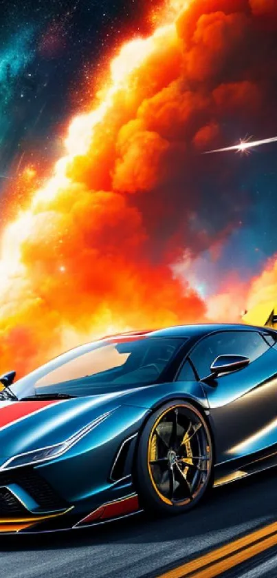 Vibrant sports car races against cosmic fiery sky.