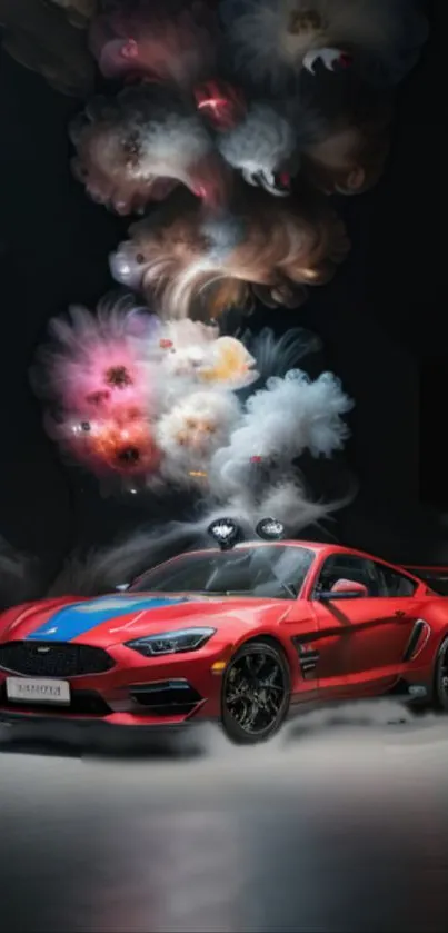 Dynamic red sports car with colorful smoke in background.