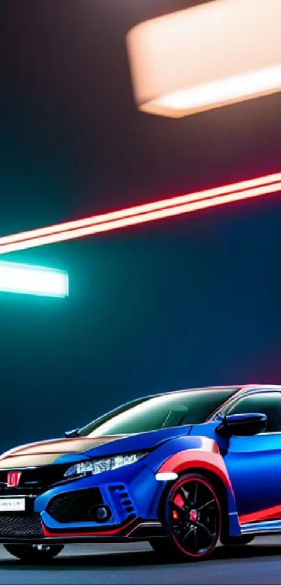 Sleek sports car under vibrant neon lights, dynamic mobile wallpaper.