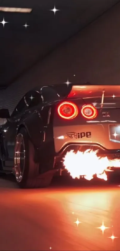 Sports car with flames in tunnel, vibrant colors.