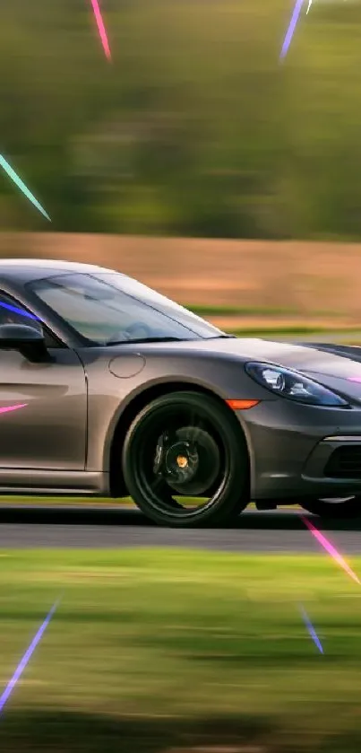 Sleek sports car speeding on a road.