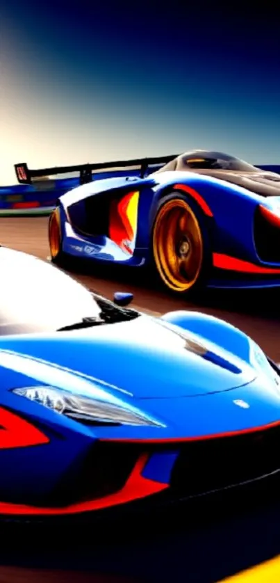 Two blue sports cars racing on a vibrant track in a dynamic mobile wallpaper.