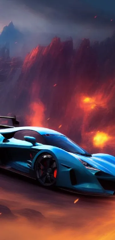 Futuristic blue sports car racing through a glowing lava landscape.