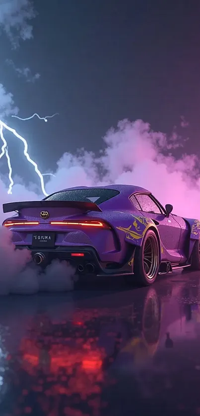 Purple sports car with lightning and clouds.