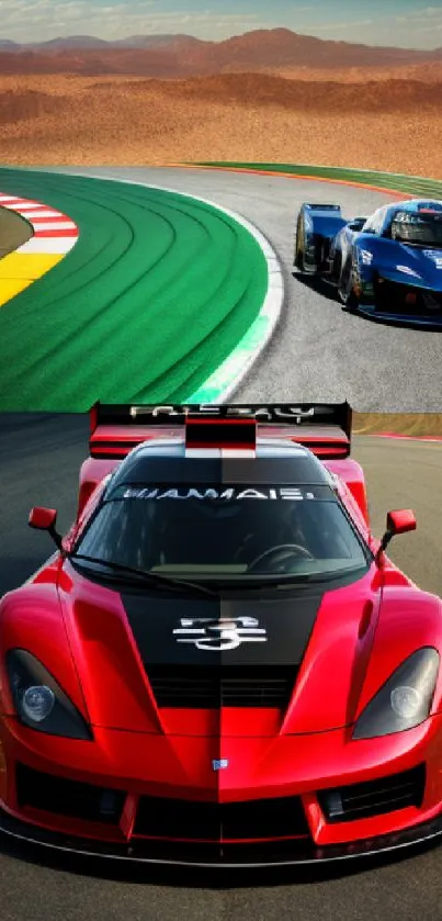 Vibrant sports cars on a dynamic race track wallpaper.