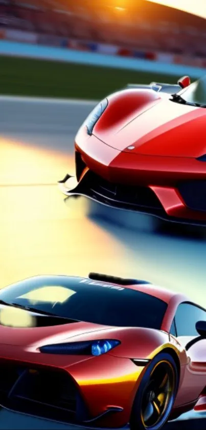 Red sports cars racing on a sunlit track, capturing speed and style.