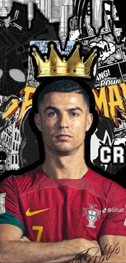 Football player with crown in comic art.