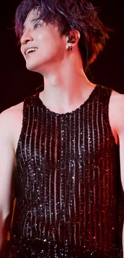 Dynamic stage performer in sparkling outfit.