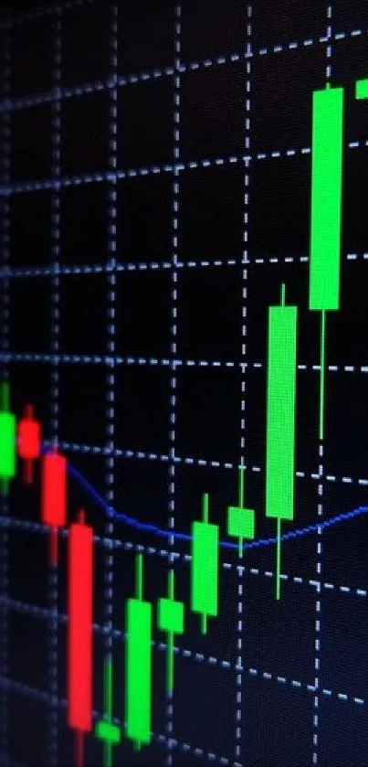 A colorful candlestick chart on a black background, illustrating stock market trends.