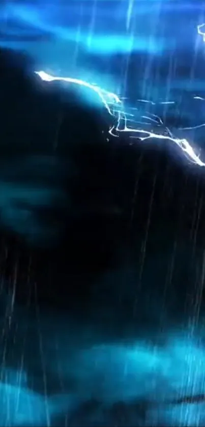 Dynamic mobile wallpaper with lightning and rain on a blue background.