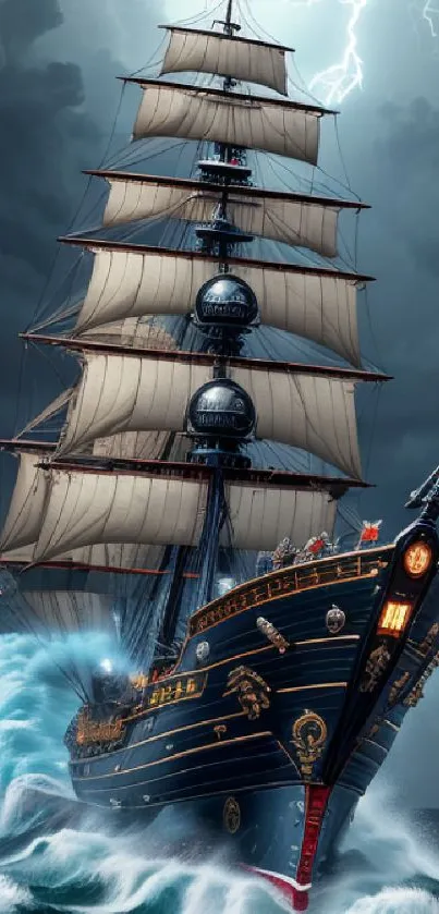 Majestic ship sailing through thunderstorm with dark ocean waves and lightning.