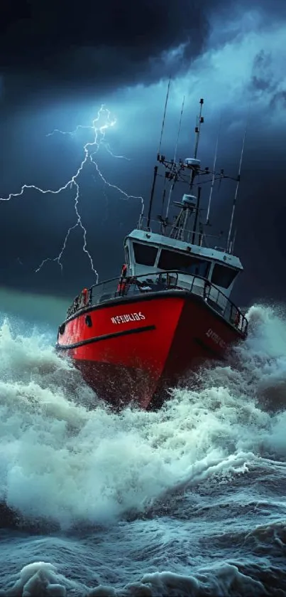 Dynamic stormy sea adventure with a red boat and lightning.