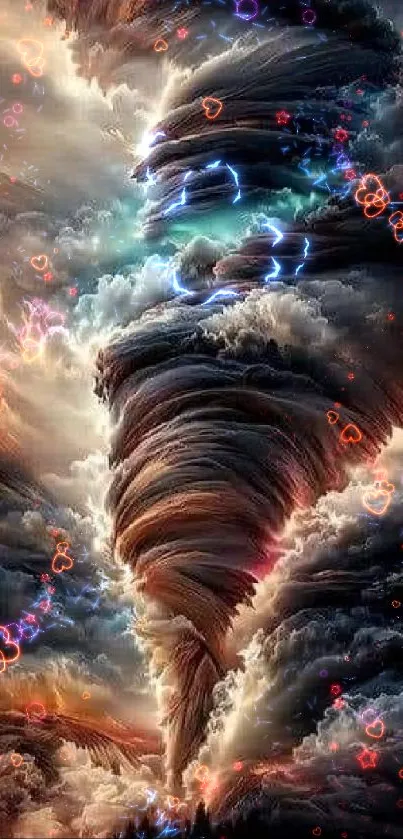 Artistic wallpaper of a dynamic, swirling stormy sky with vibrant clouds.