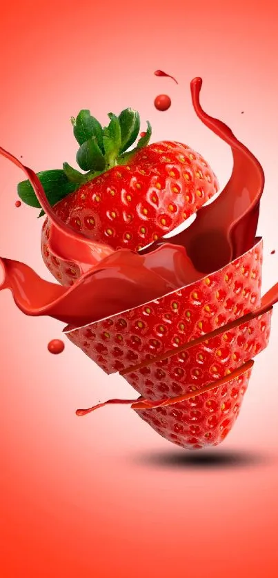 Dynamic sliced strawberry with splash effect on red background.