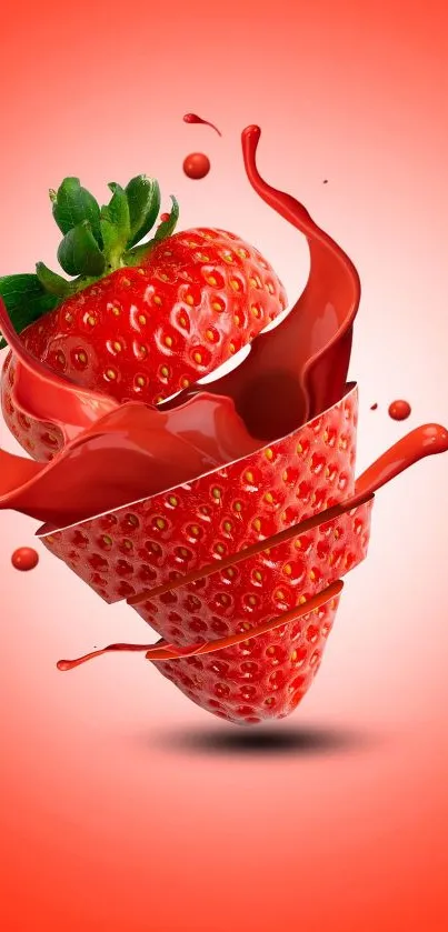 Sliced strawberry art with splashes on red background.