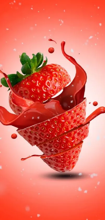 Dynamic split strawberry splash art on a vibrant red background.