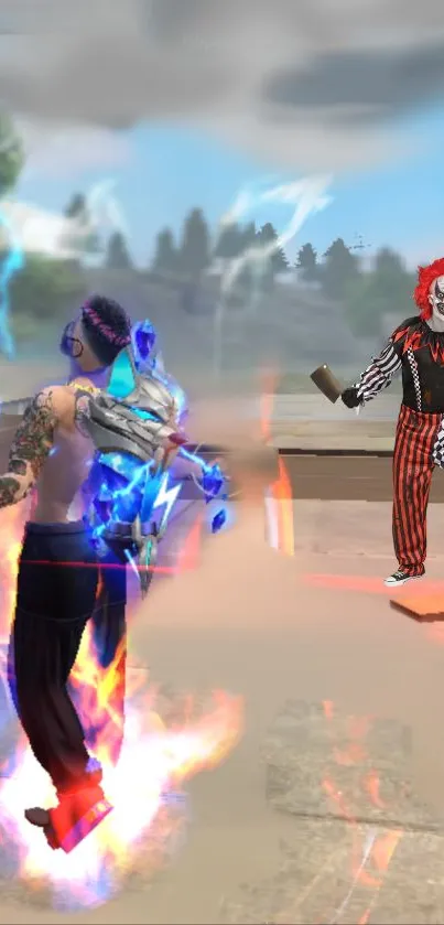 Animated street battle with electric-powered fighter and menacing clown.