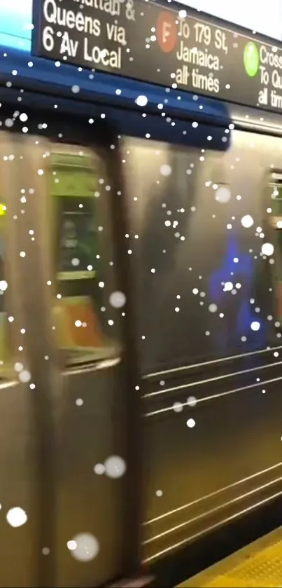 A dynamic subway train with snowfall effect and vibrant city signage.