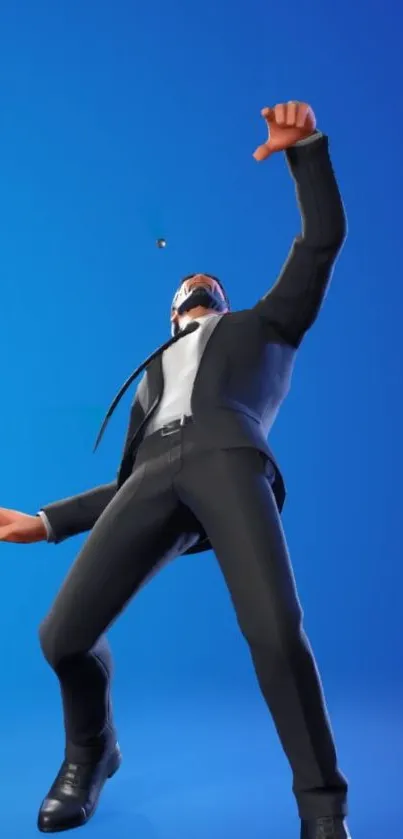 Gaming character in suit on blue background.