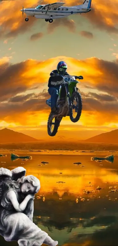 Motocross biker jumps high against a vibrant sunset with angel and plane.