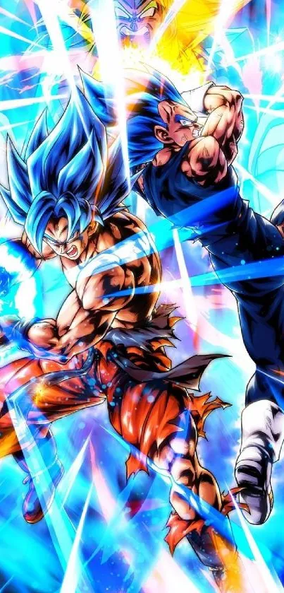 Epic mobile wallpaper of Super Saiyan warriors in a vibrant blue battle.