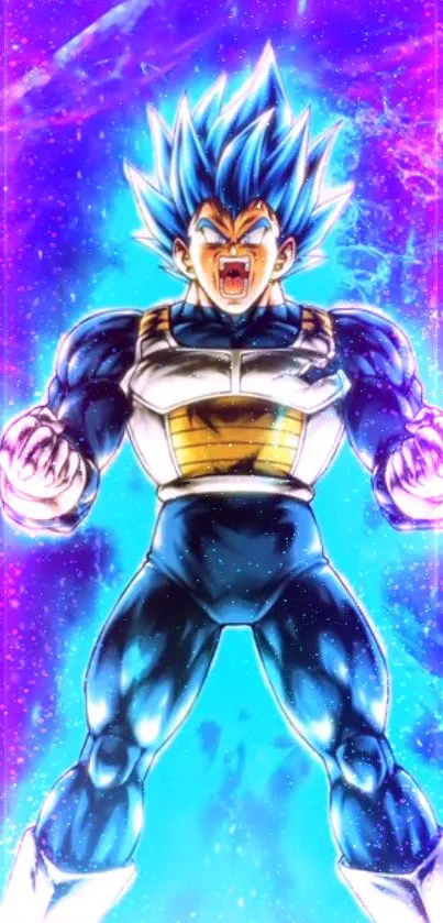 Super Saiyan character with blue aura against a cosmic background.