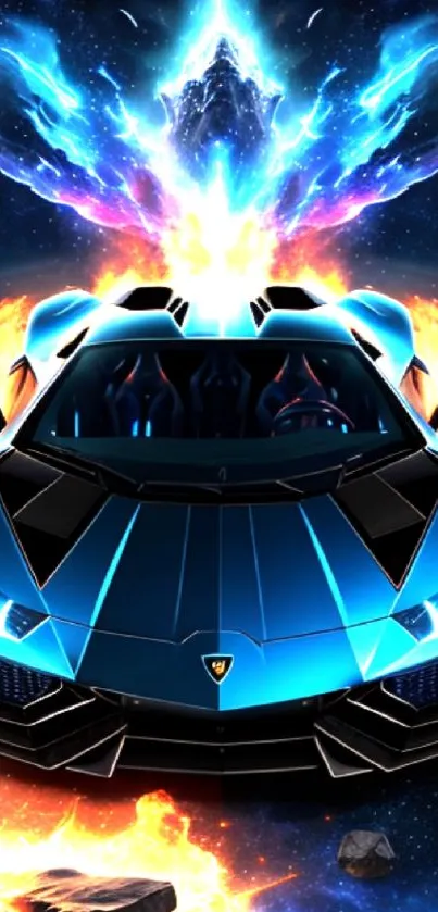 Bright blue supercar with cosmic backdrop.