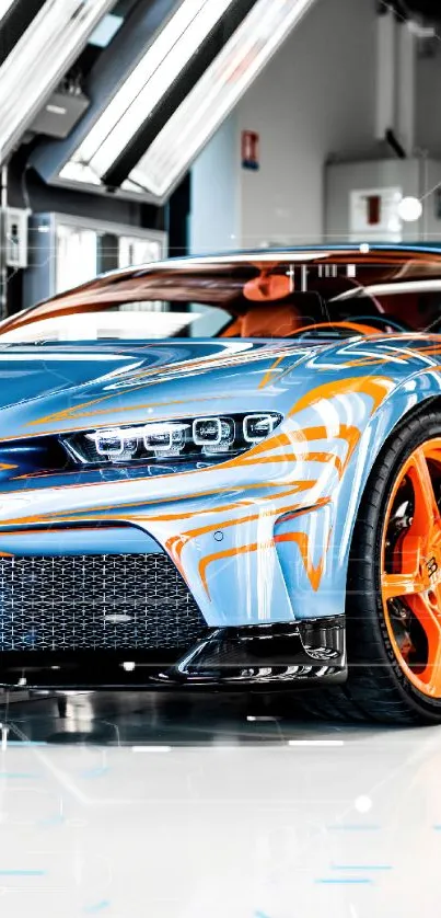 Vibrant blue and orange supercar in a showroom setting.