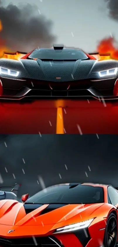 High-speed supercar with fiery background and dynamic lighting.