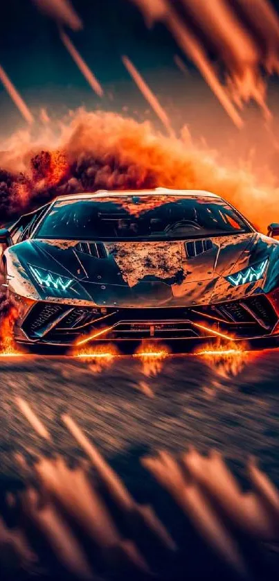 Supercar racing through flames with dynamic action scene.