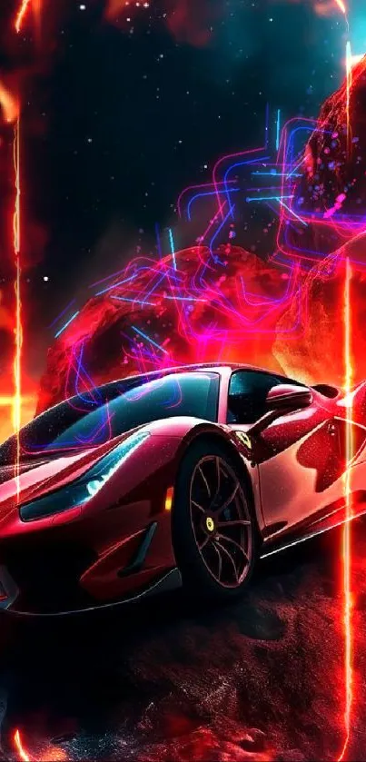 Red supercar with cosmic fiery background, dynamic design.