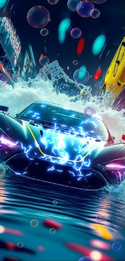 Supercar speeds through water with vibrant city backdrop.