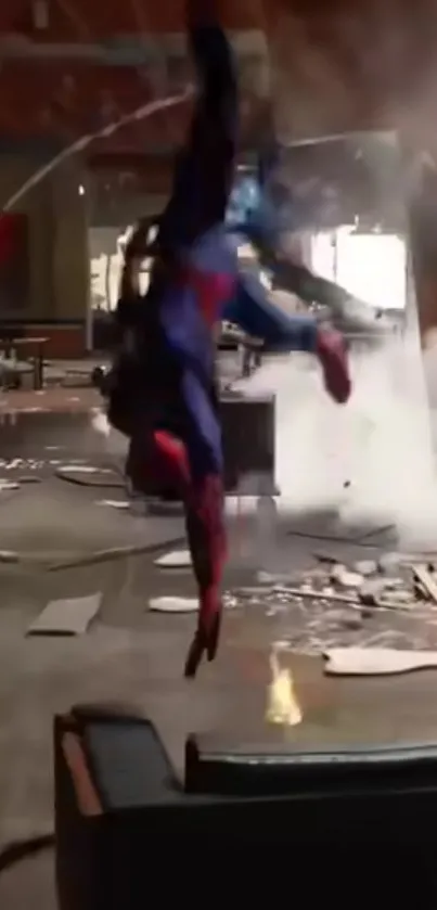 Superhero dives into action in explosive scene.