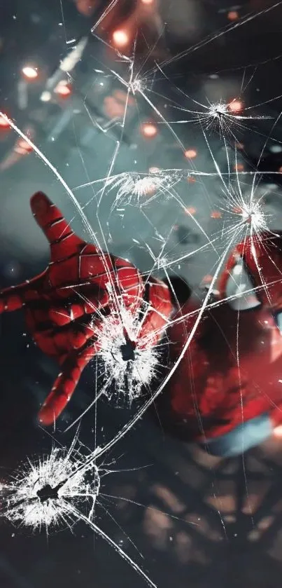 Superhero extending hand through shattered glass in bold colors.