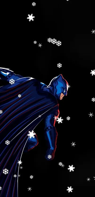 Superhero in blue and red against black background dynamic design.