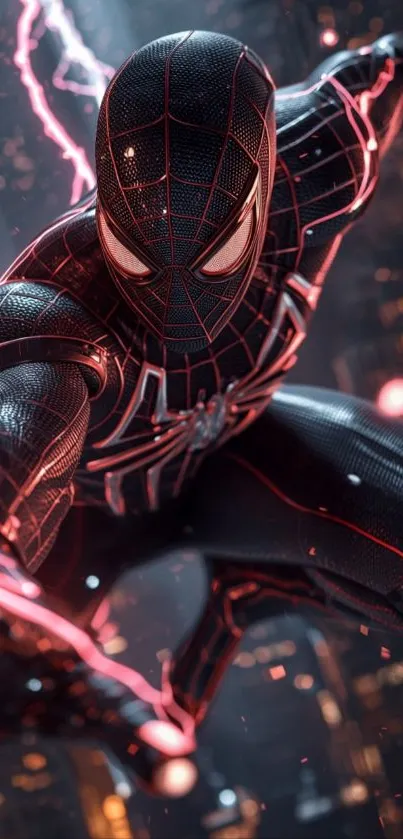 Electrifying superhero in action pose, city backdrop.