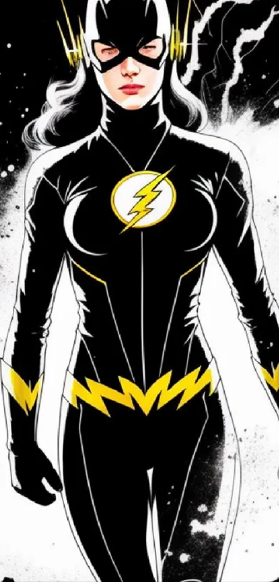 Black and yellow superhero phone wallpaper with dynamic design.