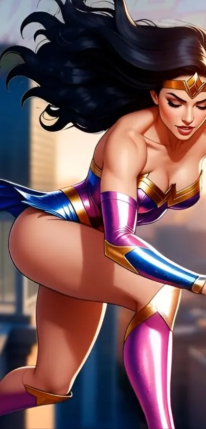 Dynamic superhero leaping over a cityscape in vibrant colors.