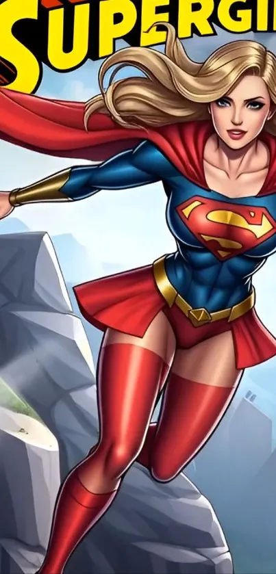 Dynamic superhero artwork featuring a flying hero over mountains.