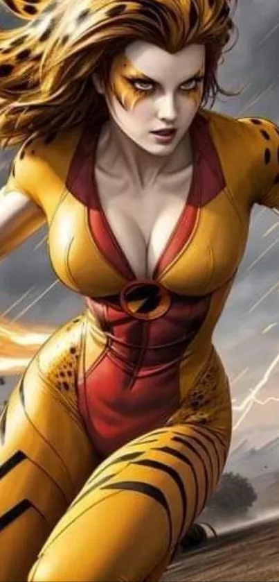 Dynamic superhero female character in yellow and red costume with fierce expression.