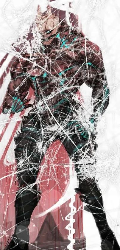 Dynamic superhero digital art with red and white tones in shattered glass effect.