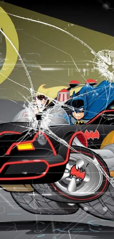 Cartoon superheroes racing in a sleek car with dramatic background.