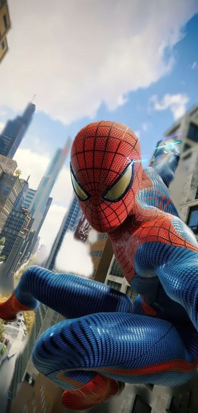 Dynamic hero swinging through a cityscape with a red and blue costume.