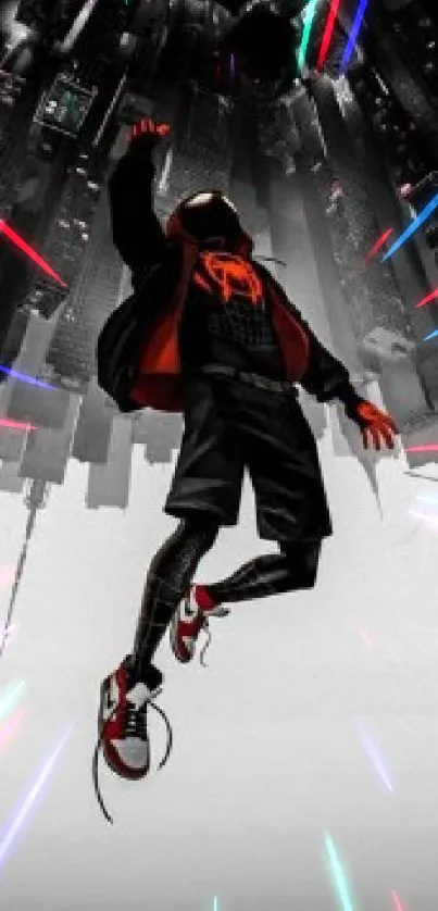 Dynamic superhero in cityscape with vibrant red and black colors.