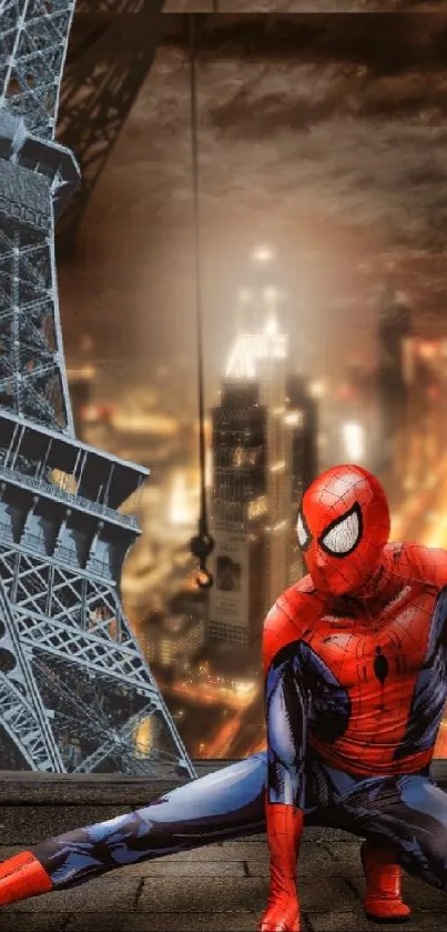 Superhero crouching with cityscape and iconic landmark in the background.